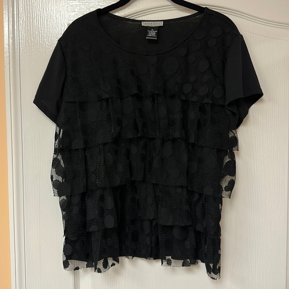 KATE & HENRY WOMENS BLACK CROPPED BLOUSE XL POLKA DOTS